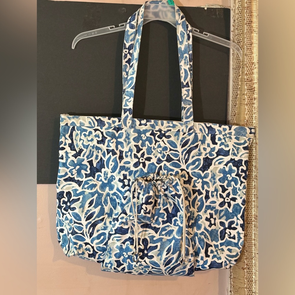 Blue and White Floral Tote Bag with Botanical Design